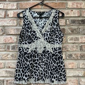 Leopard print dressy tank with cream lace trim